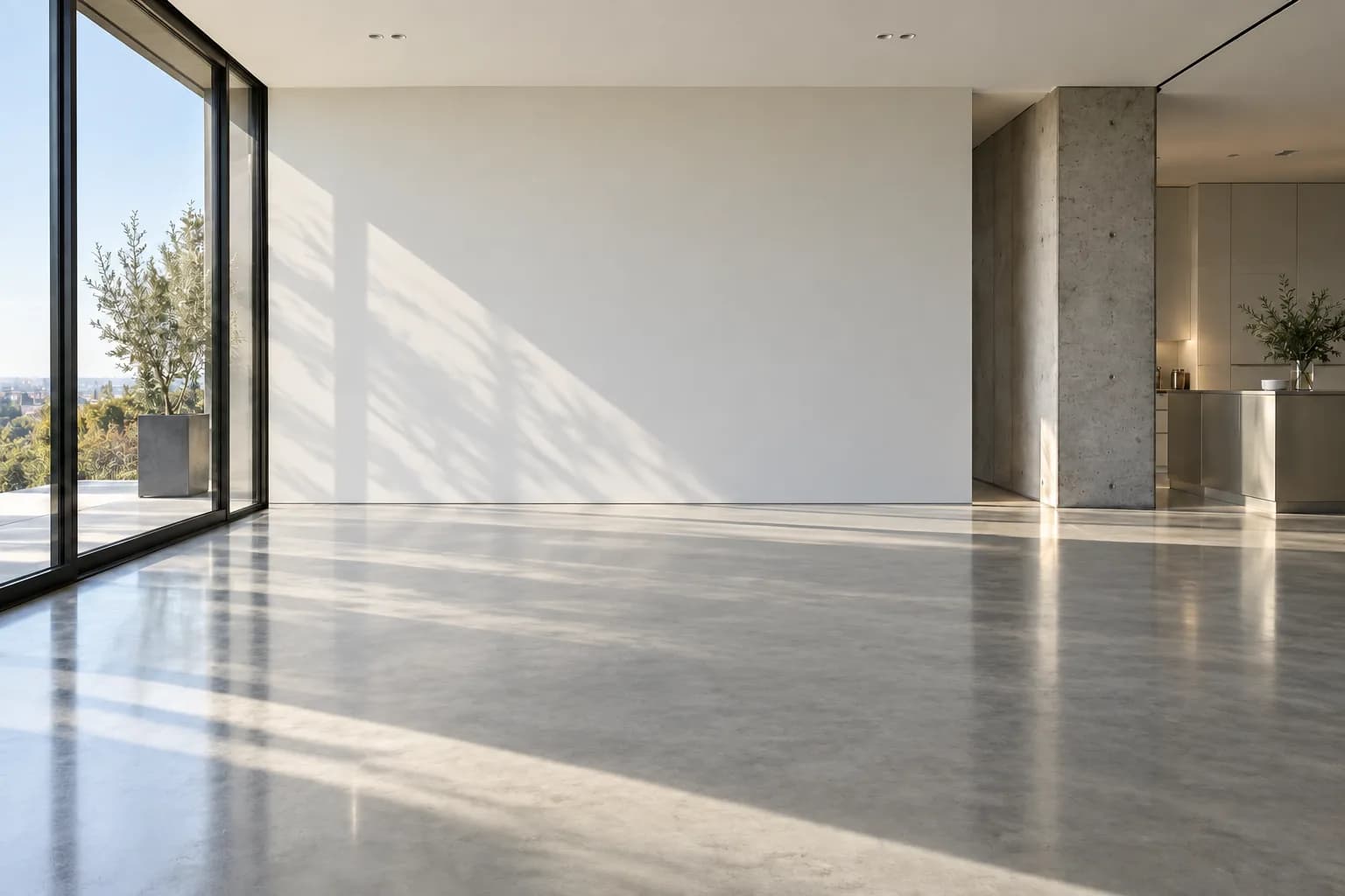 Empty room with a light wall, window on the left and concrete column on the right