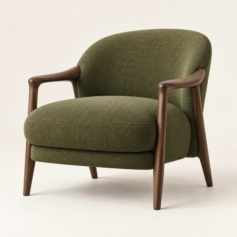 Olive wool lounge chair with walnut arms