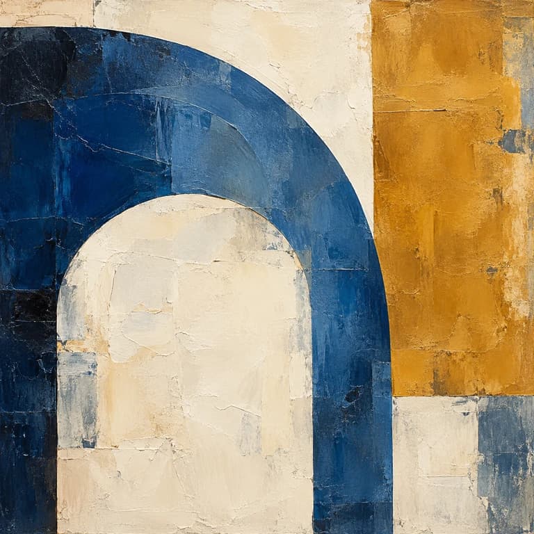 Abstract reference painting with a blue arch and ochre forms