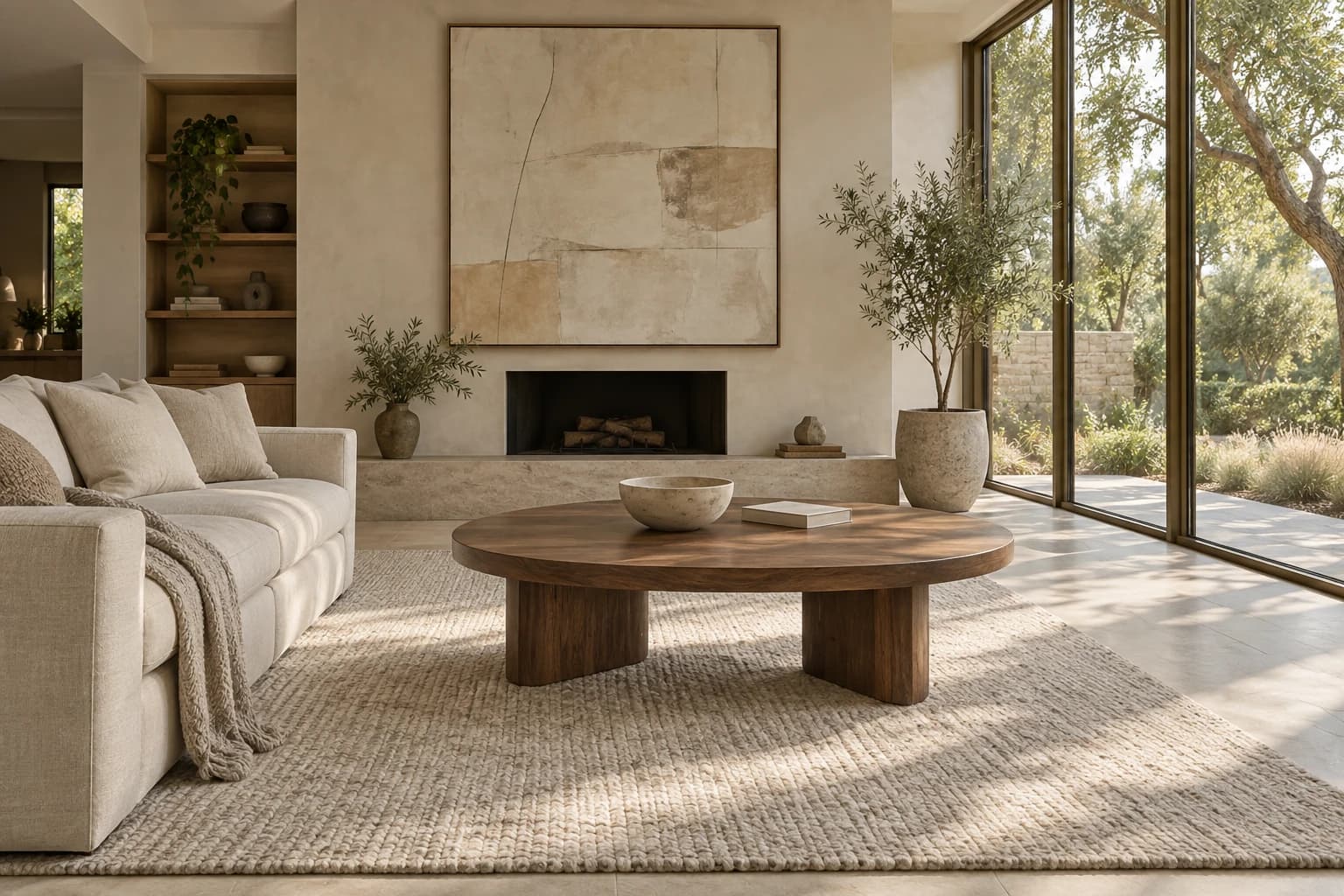 Living room with a linen sofa, oval walnut table and sunlit garden