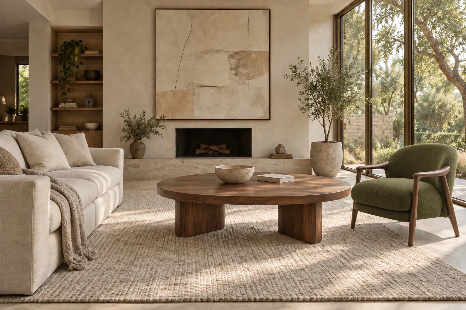 Room with the green wool and walnut armchair placed beside the table
