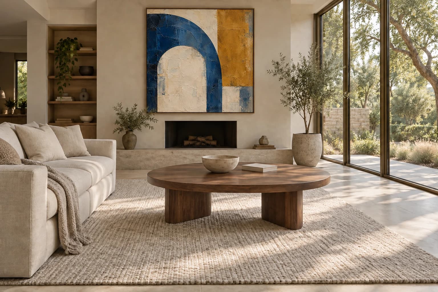 Room with the blue and ochre composition applied to the artwork above the fireplace