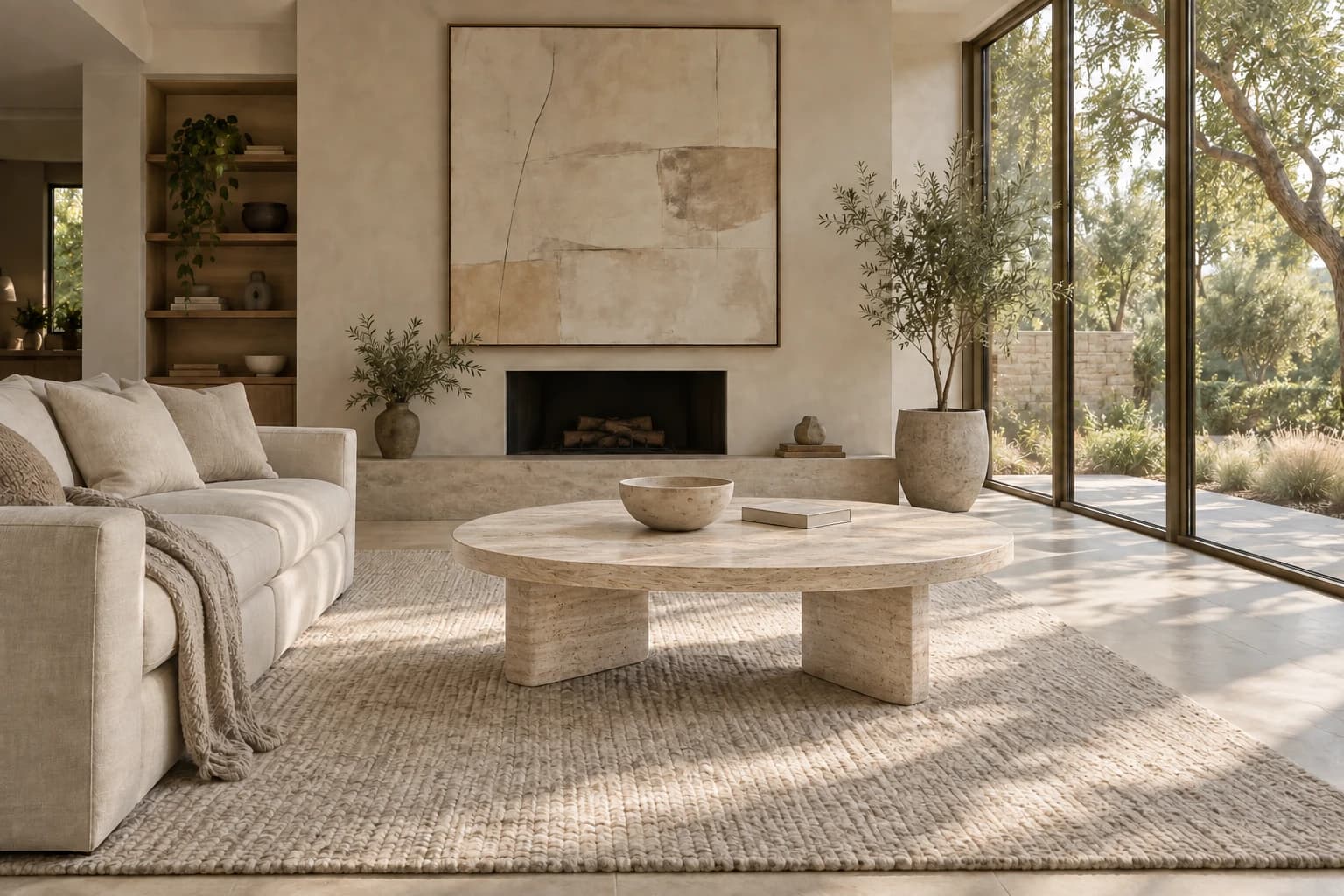 The same room with the coffee table finished in pale travertine