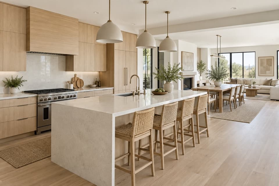 Visual reference of an American kitchen with natural oak