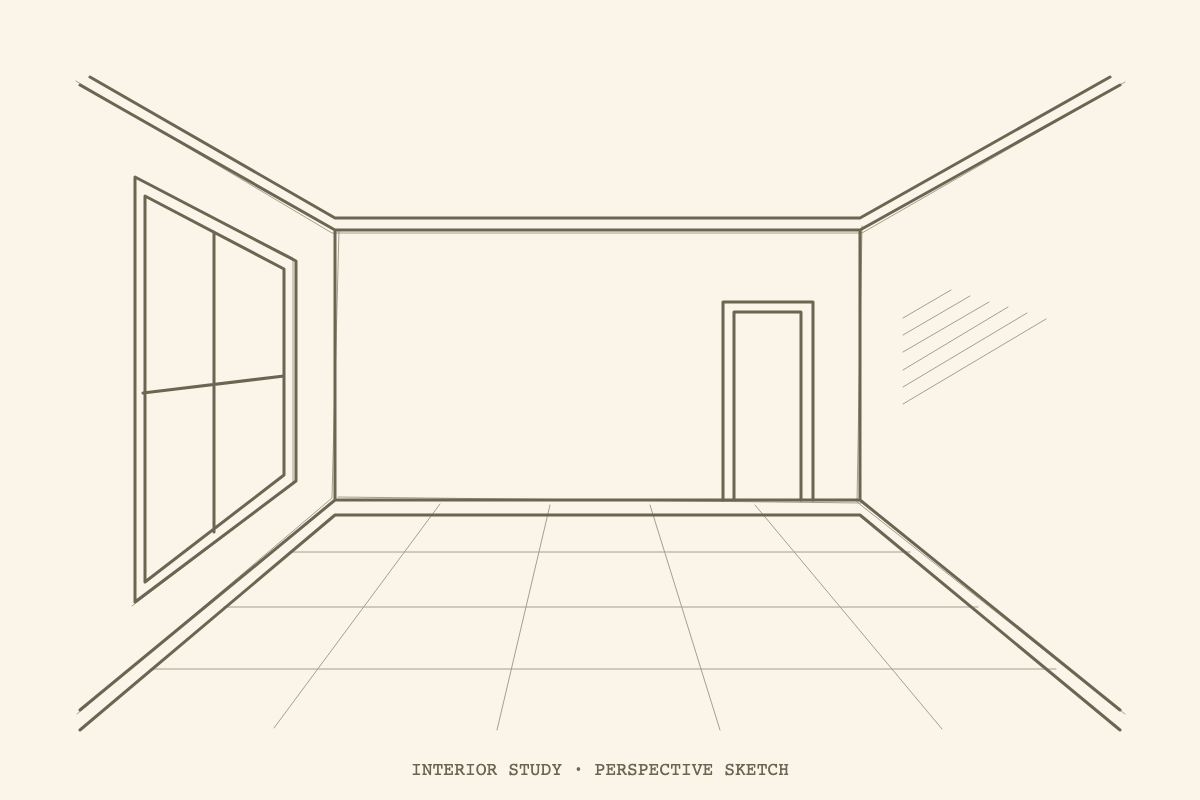 Perspective sketch of a room with a window and a door
