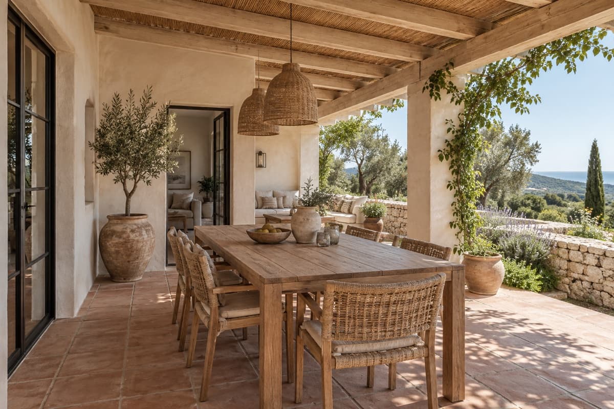 Mediterranean exterior with arches, timber door, windows and terracotta paving