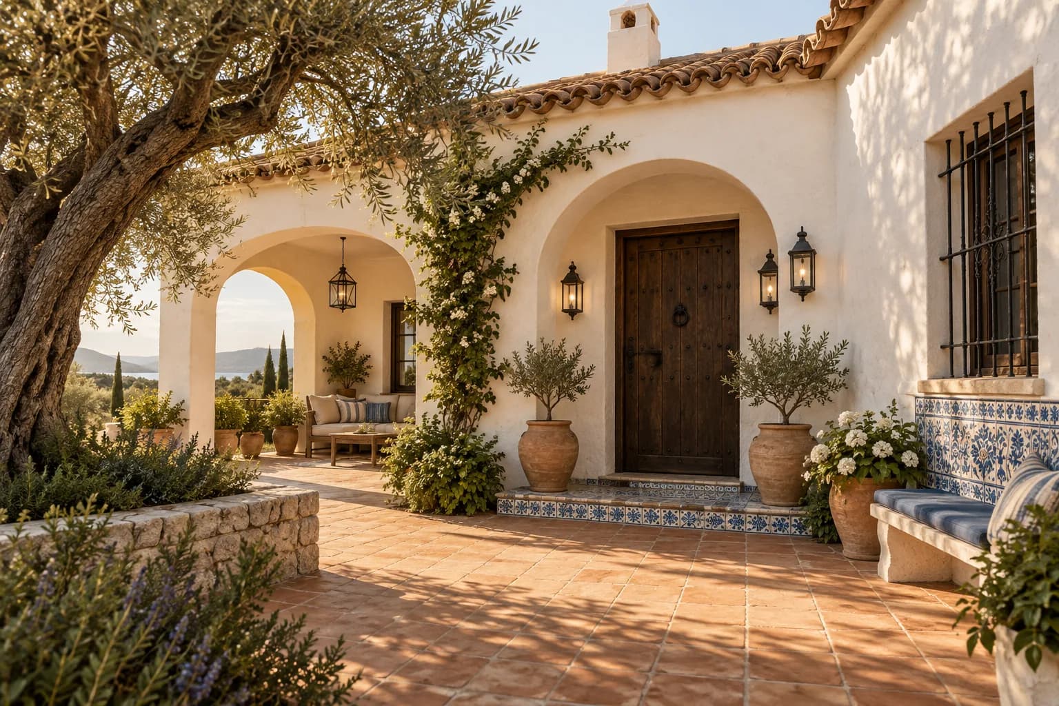Mediterranean exterior with arches, timber door, windows and terracotta paving