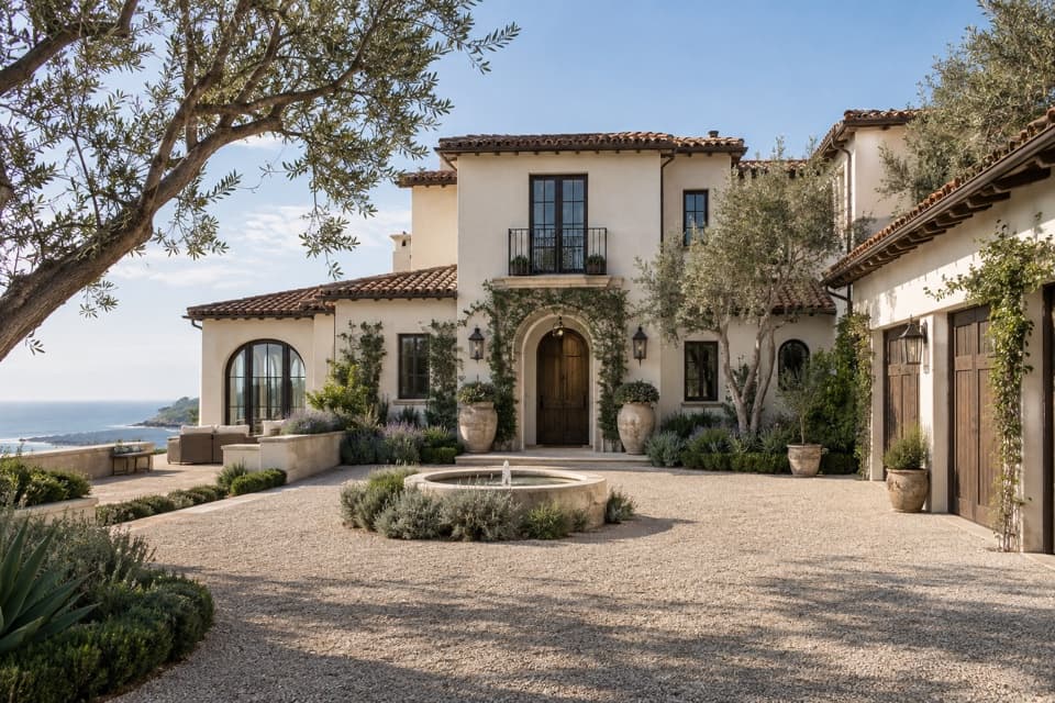 Mediterranean exterior with arches, timber door, windows and terracotta paving