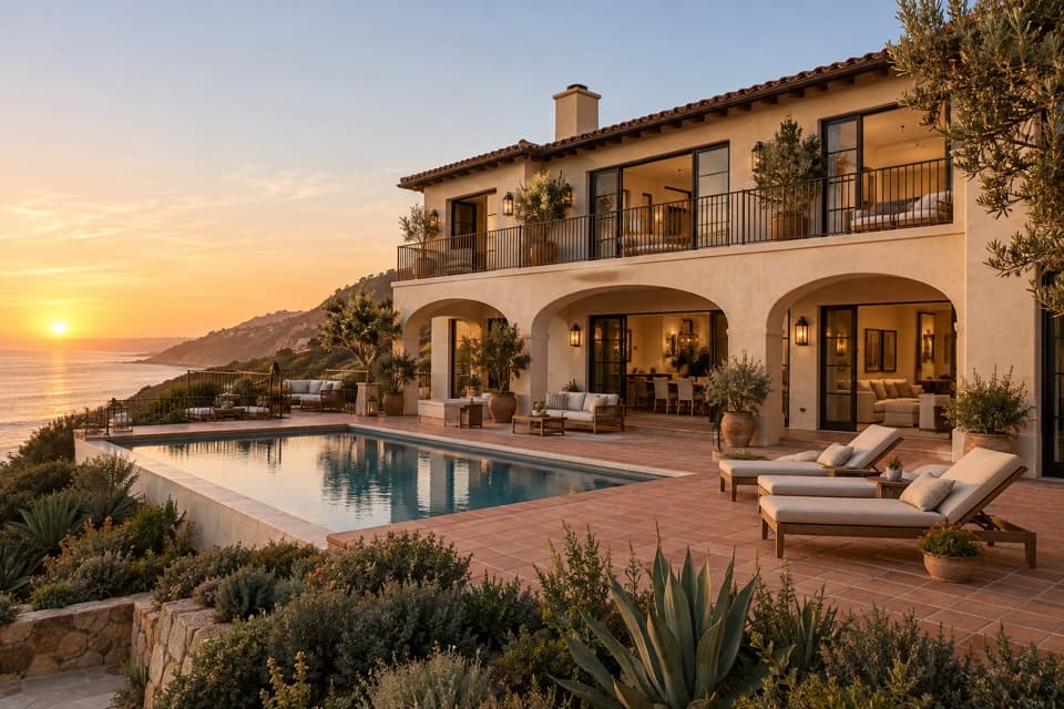 Mediterranean exterior with arches, timber door, windows and terracotta paving