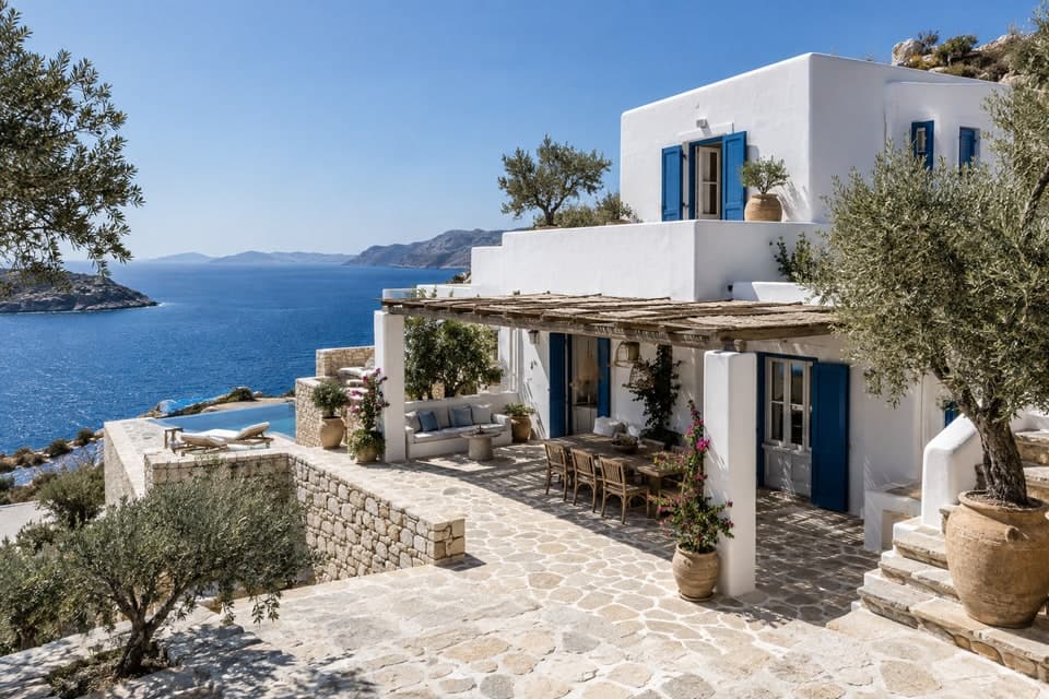 Mediterranean exterior with arches, timber door, windows and terracotta paving