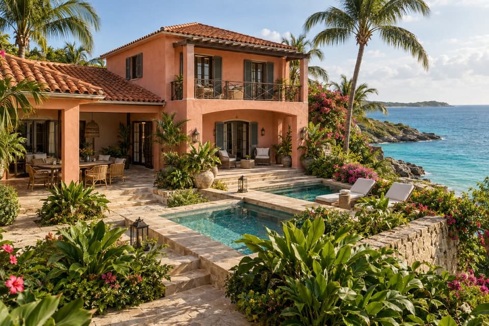 Mediterranean exterior with arches, timber door, windows and terracotta paving