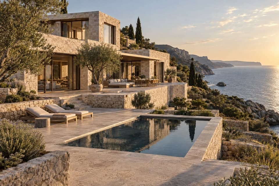 Mediterranean exterior with arches, timber door, windows and terracotta paving