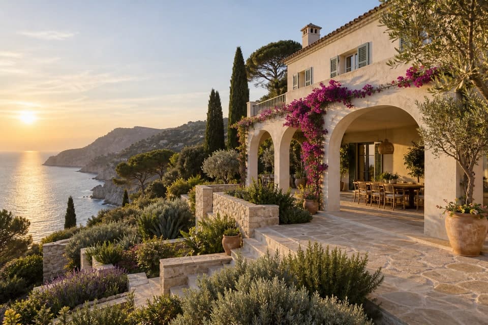 Mediterranean exterior with arches, timber door, windows and terracotta paving